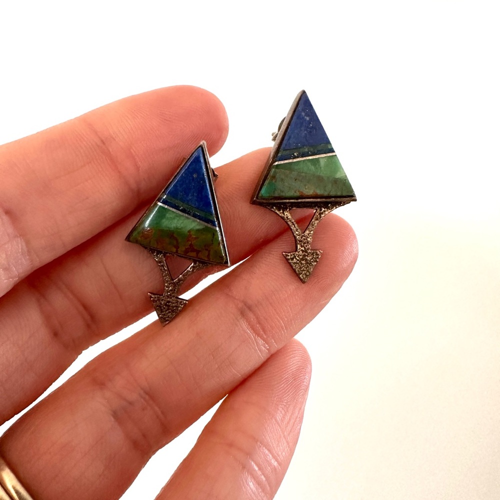 Sterling Silver Lapis Triangle Stud Earrings / Vi… - image 1